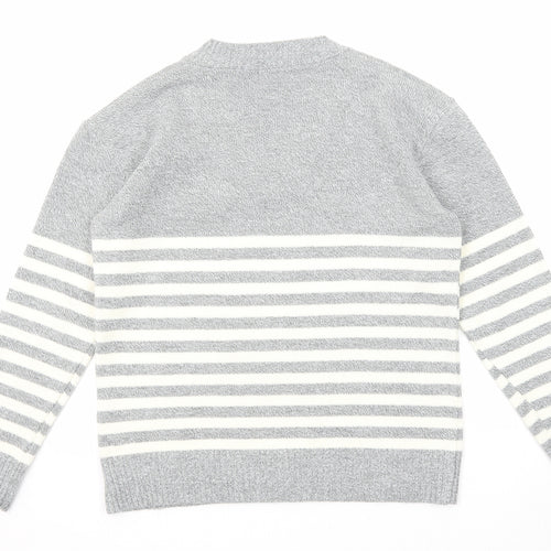 Pure & Natural Womens Grey V-Neck Striped Acrylic Pullover Jumper Size M - Size M-L