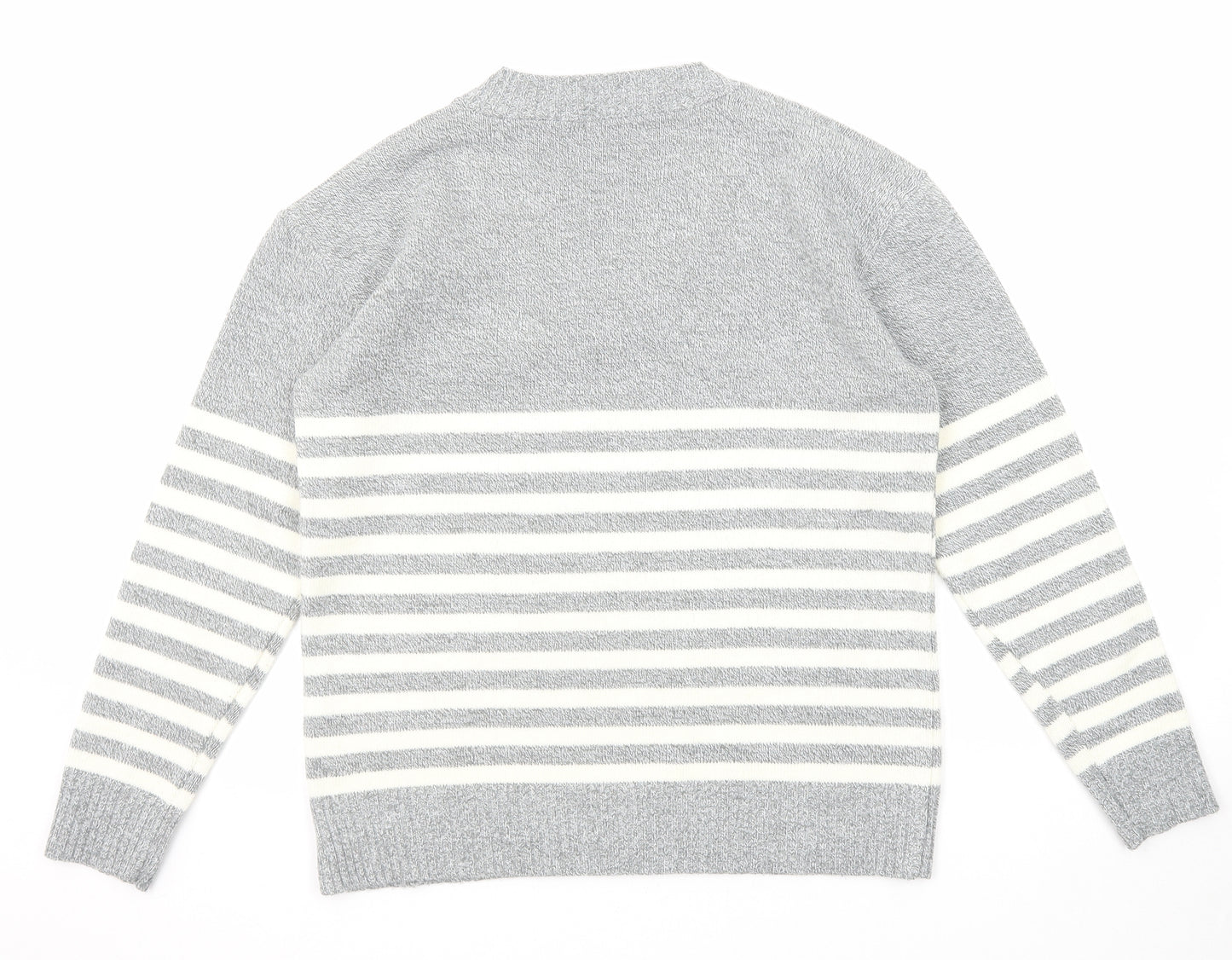 Pure & Natural Womens Grey V-Neck Striped Acrylic Pullover Jumper Size M - Size M-L