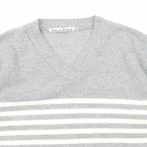 Pure & Natural Womens Grey V-Neck Striped Acrylic Pullover Jumper Size M - Size M-L