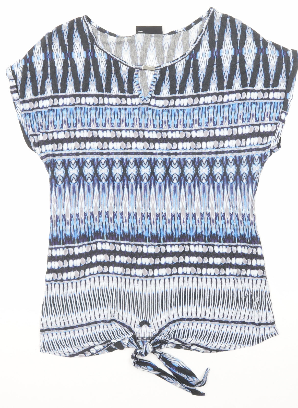 Wallis Womens Blue Geometric Viscose Basic T-Shirt Size M Boat Neck - Tie Front