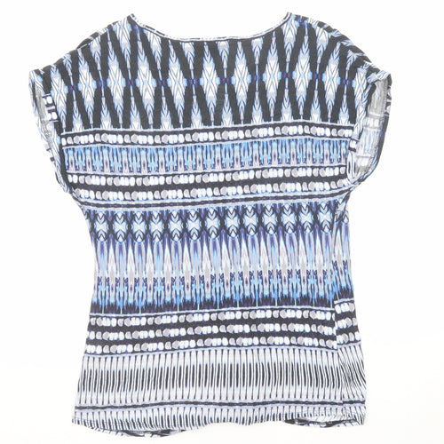 Wallis Womens Blue Geometric Viscose Basic T-Shirt Size M Boat Neck - Tie Front