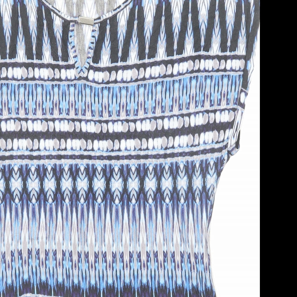 Wallis Womens Blue Geometric Viscose Basic T-Shirt Size M Boat Neck - Tie Front