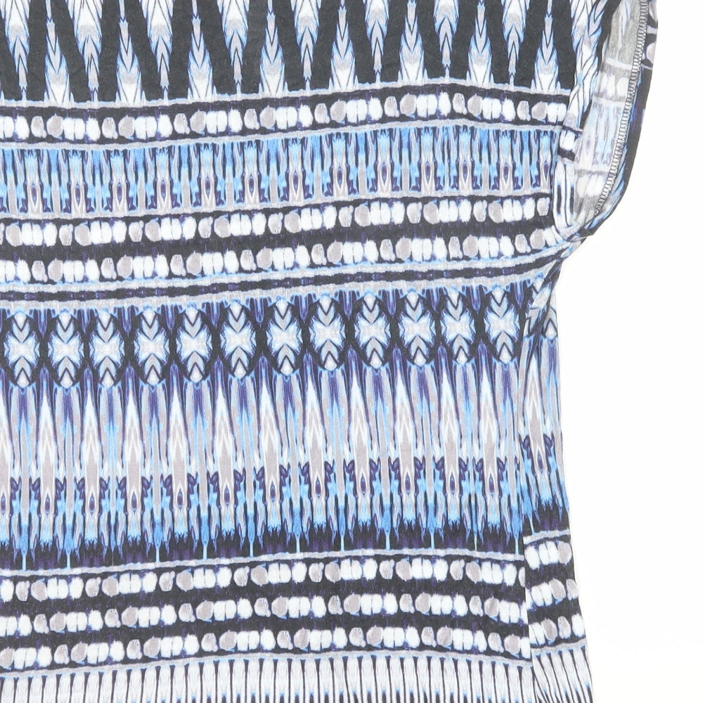 Wallis Womens Blue Geometric Viscose Basic T-Shirt Size M Boat Neck - Tie Front