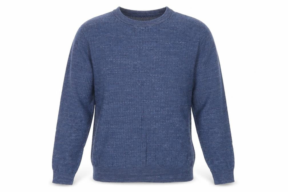 Front view of Label Lab men’s blue round neck cotton jumper, size L, long sleeve