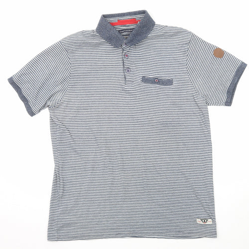 D555 Mens Blue Striped Cotton Polo Size L Collared Button