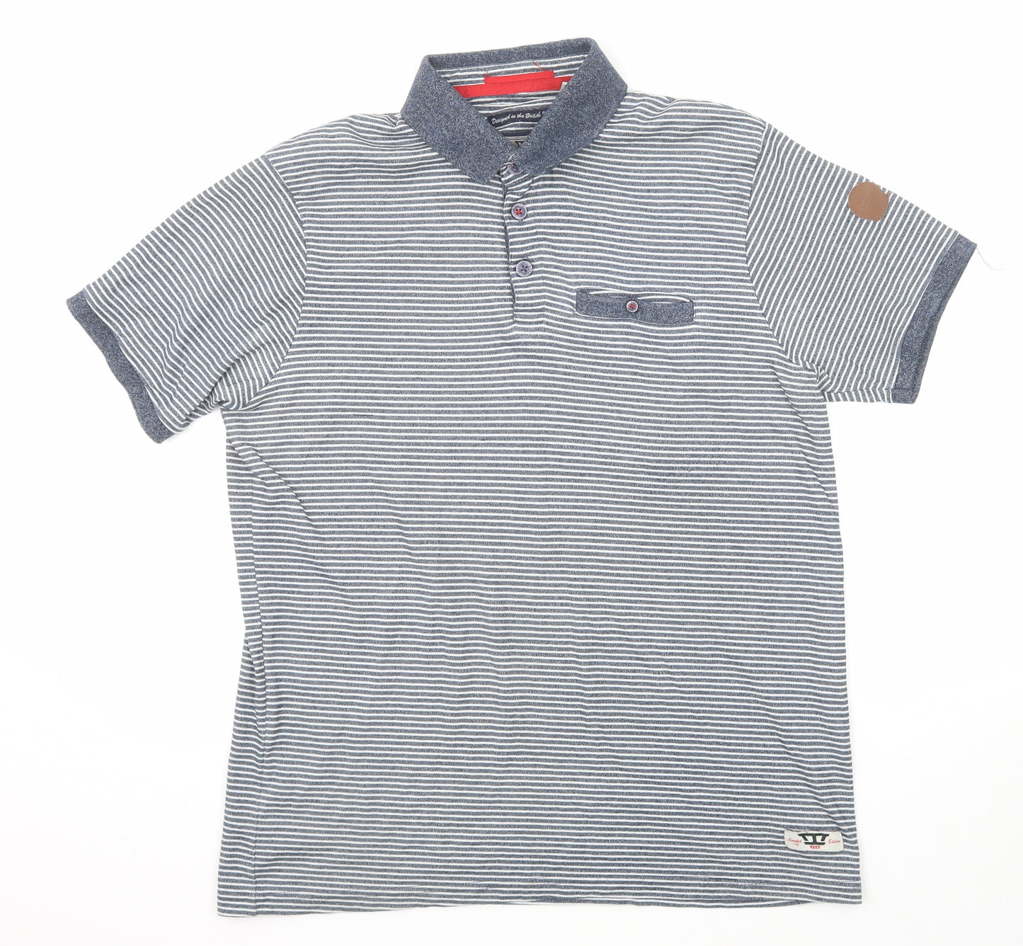 D555 Mens Blue Striped Cotton Polo Size L Collared Button