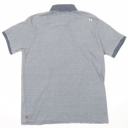 D555 Mens Blue Striped Cotton Polo Size L Collared Button