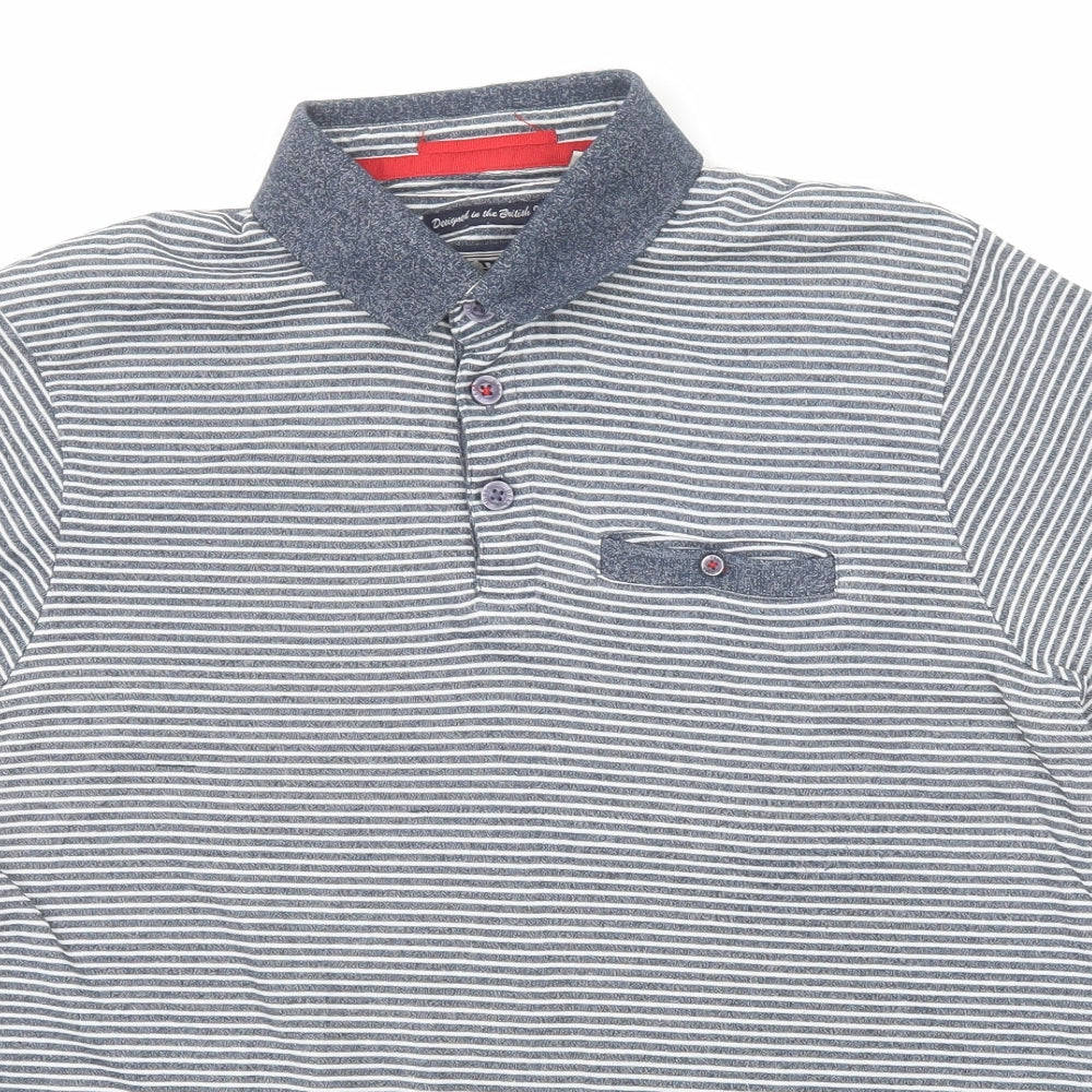D555 Mens Blue Striped Cotton Polo Size L Collared Button