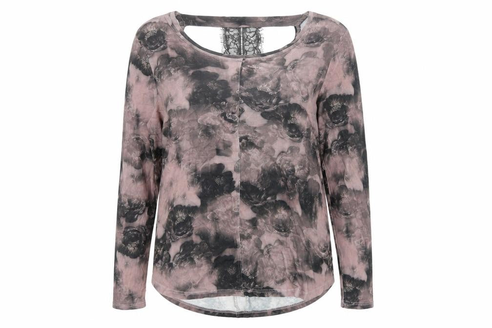 Front view of Next women’s purple geometric viscose basic blouse, size UK 12, round neck - lace details