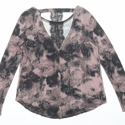NEXT Womens Purple Geometric Viscose Basic Blouse Size 12 Round Neck - Lace Details