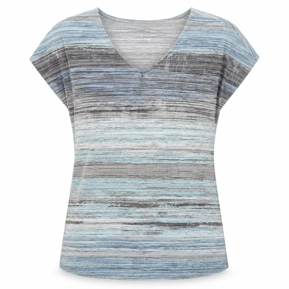 Front view of Fransa women’s multicoloured geometric polyester basic t-shirt, size S, v-neck