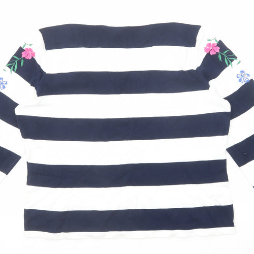 CC Womens Blue Striped Cotton Basic Blouse Size L Scoop Neck - Flower Detail