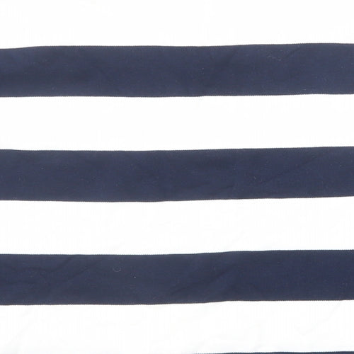 CC Womens Blue Striped Cotton Basic Blouse Size L Scoop Neck - Flower Detail