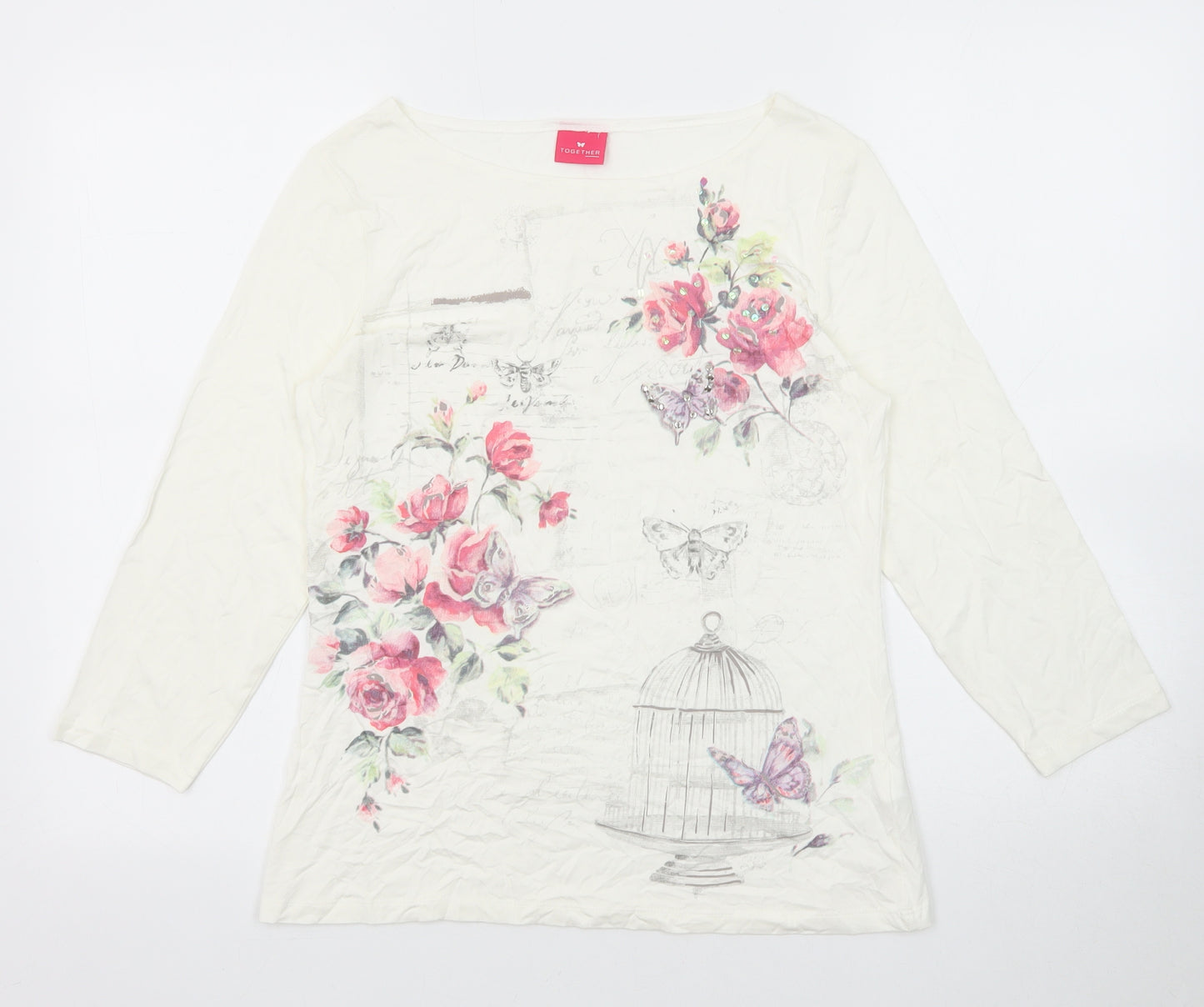 Together Womens White Viscose Basic Blouse Size 10 Round Neck - Flower Detail