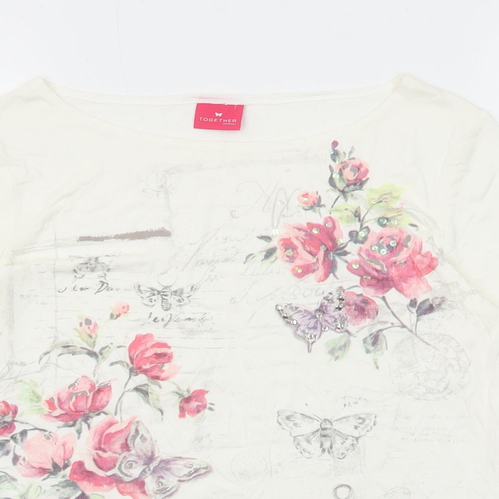 Together Womens White Viscose Basic Blouse Size 10 Round Neck - Flower Detail
