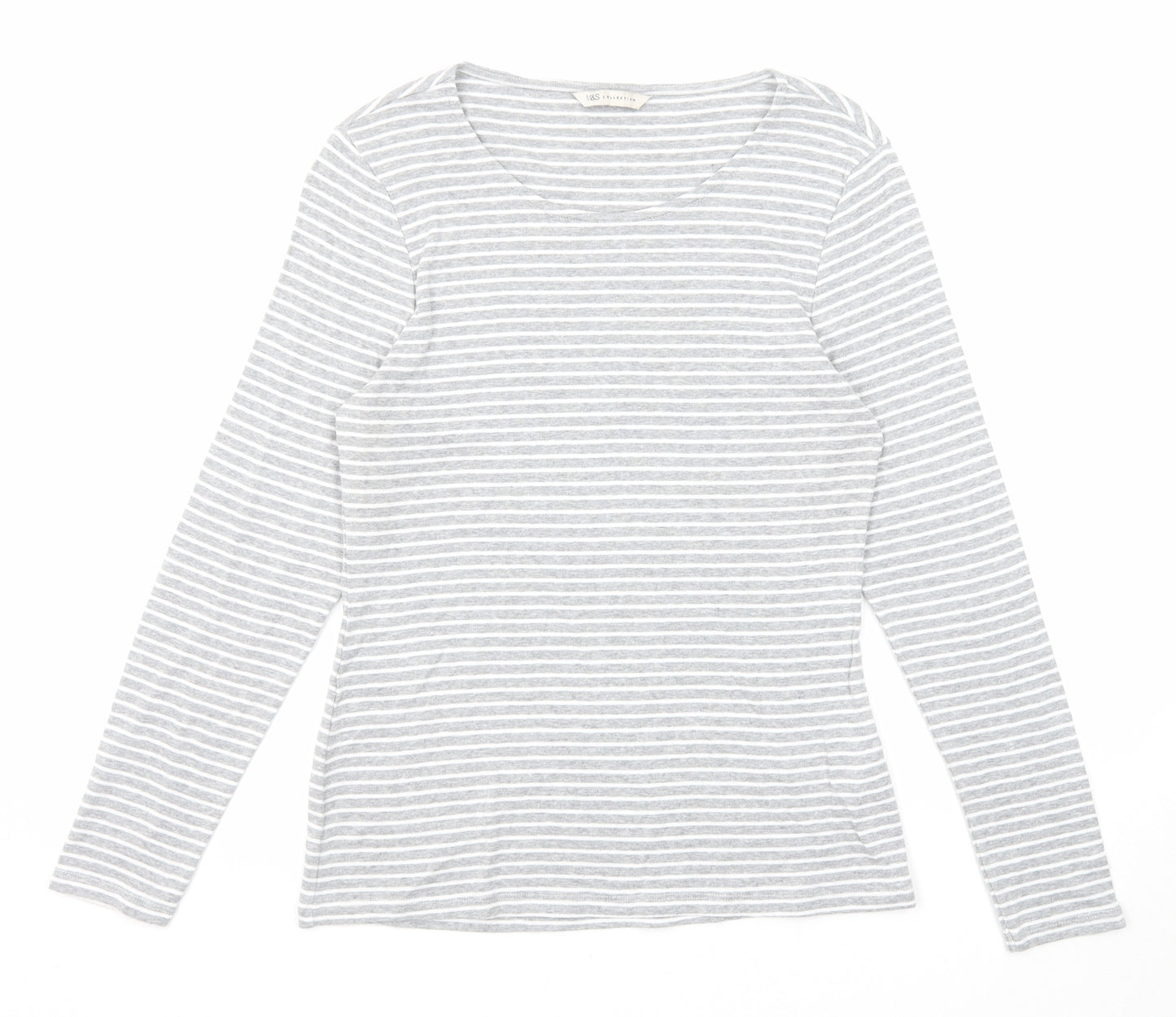 Marks and Spencer Womens Grey Striped Cotton Basic T-Shirt Size 14 Round Neck