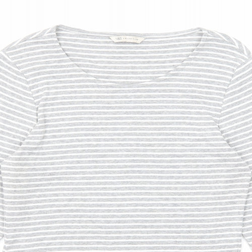Marks and Spencer Womens Grey Striped Cotton Basic T-Shirt Size 14 Round Neck