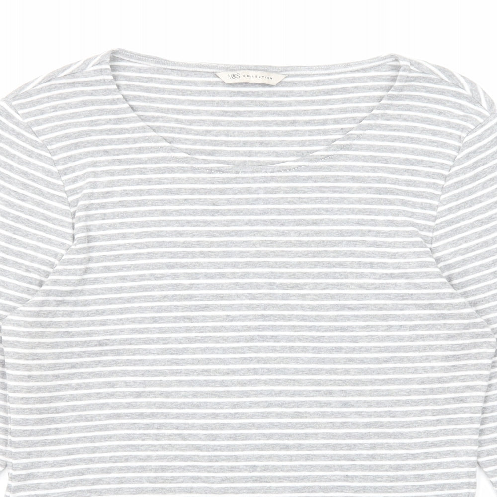 Marks and Spencer Womens Grey Striped Cotton Basic T-Shirt Size 14 Round Neck