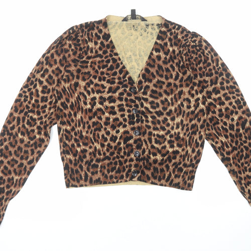 Lipsy Womens Brown V-Neck Animal Print Cotton Cardigan Jumper Size 8 - Leopard Print