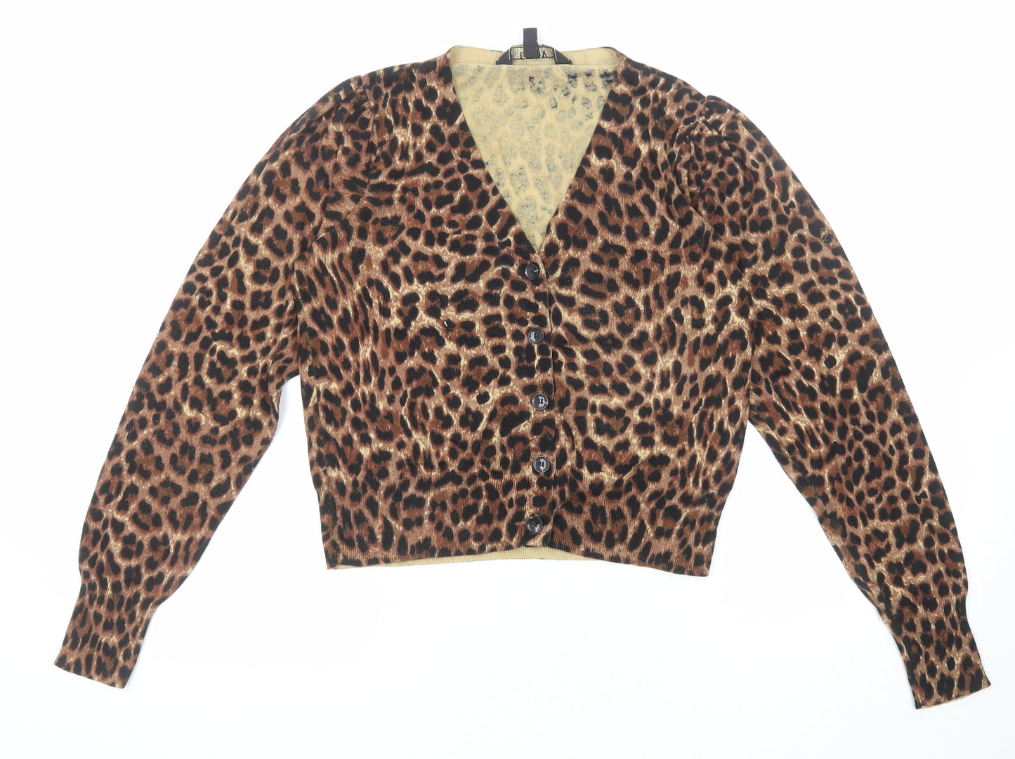 Lipsy Womens Brown V-Neck Animal Print Cotton Cardigan Jumper Size 8 - Leopard Print