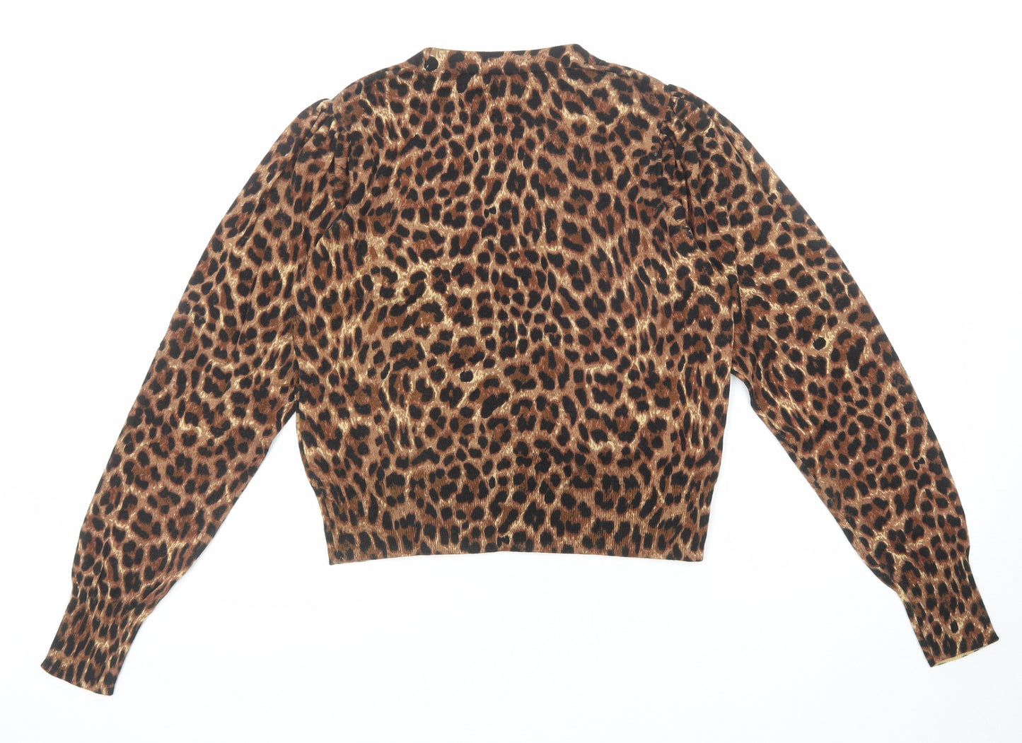 Lipsy Womens Brown V-Neck Animal Print Cotton Cardigan Jumper Size 8 - Leopard Print