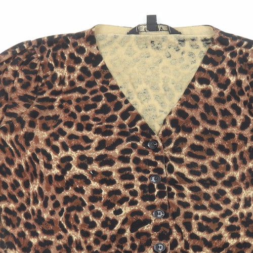 Lipsy Womens Brown V-Neck Animal Print Cotton Cardigan Jumper Size 8 - Leopard Print