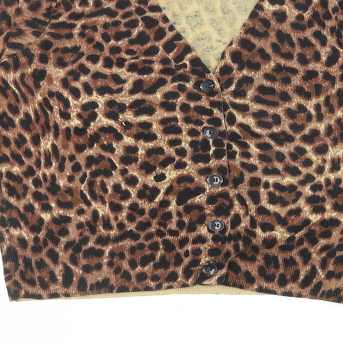Lipsy Womens Brown V-Neck Animal Print Cotton Cardigan Jumper Size 8 - Leopard Print
