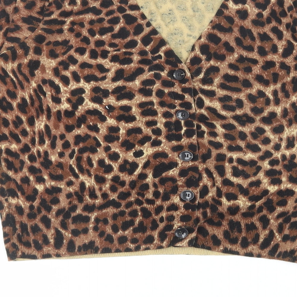 Lipsy Womens Brown V-Neck Animal Print Cotton Cardigan Jumper Size 8 - Leopard Print