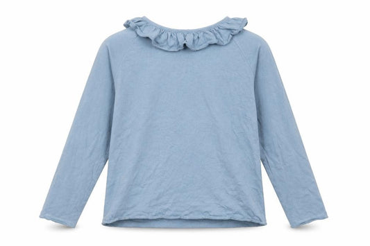 Front view of Zara girls’ blue polyester basic t-shirt, size 8, years round neck button