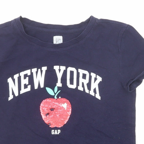 Gap Girls Blue Cotton Basic T-Shirt Size M Round Neck Pullover - New York