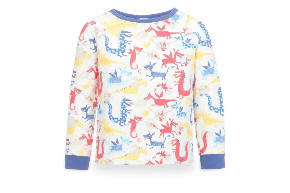 Front view of John Lewis boys’ multicoloured geometric cotton basic t-shirt, size 8, years round neck pullover - dragon