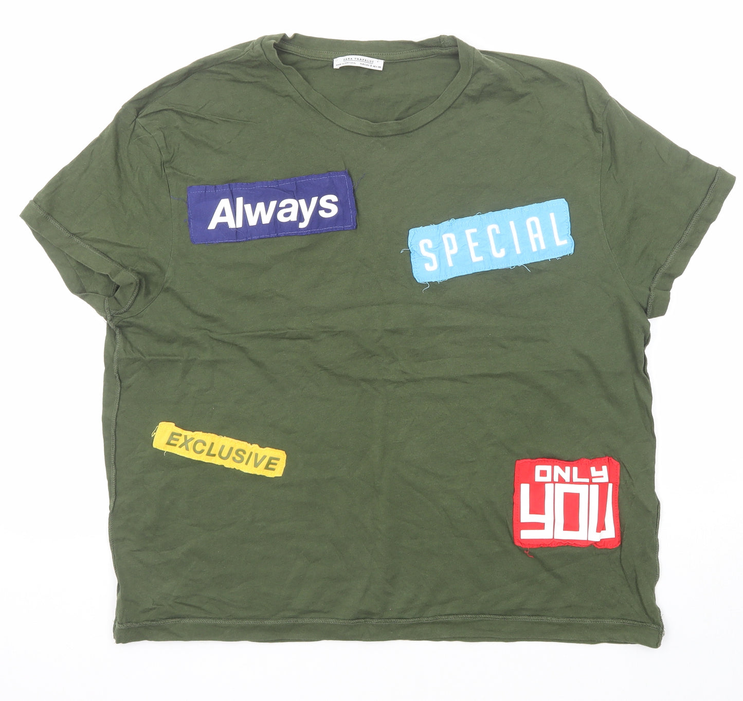 Zara Womens Green Cotton Basic T-Shirt Size S Crew Neck