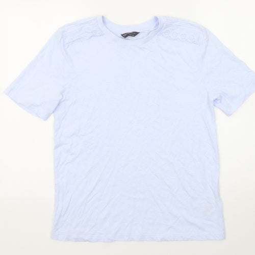 Marks and Spencer Womens Blue Cotton Basic T-Shirt Size 10 Crew Neck - Broderie Anglaise Details