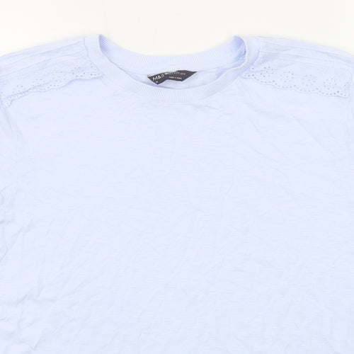 Marks and Spencer Womens Blue Cotton Basic T-Shirt Size 10 Crew Neck - Broderie Anglaise Details