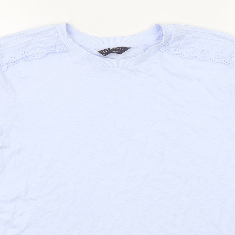 Marks and Spencer Womens Blue Cotton Basic T-Shirt Size 10 Crew Neck - Broderie Anglaise Details