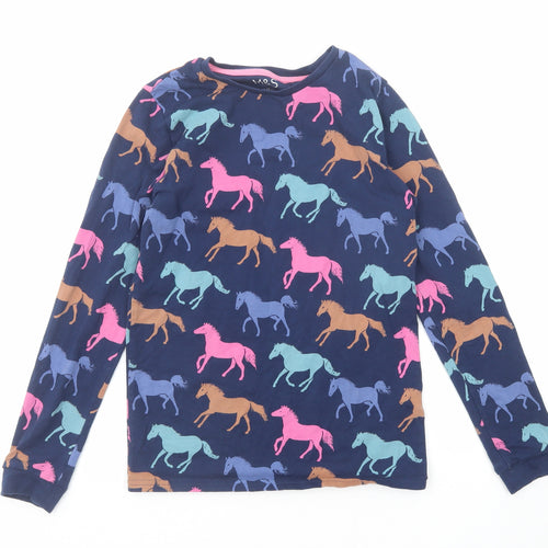 Marks and Spencer Girls Blue Geometric Cotton Basic T-Shirt Size 11-12 Years Round Neck Pullover - Horses Print