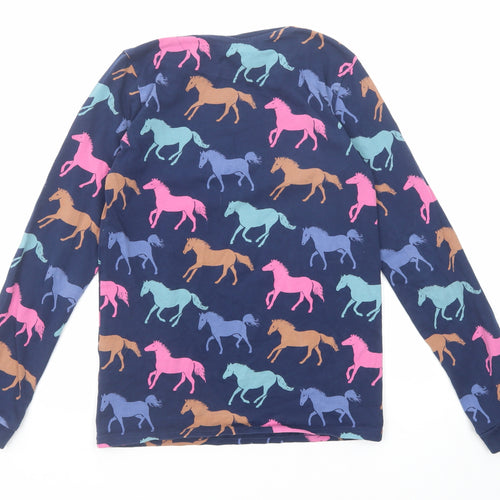 Marks and Spencer Girls Blue Geometric Cotton Basic T-Shirt Size 11-12 Years Round Neck Pullover - Horses Print