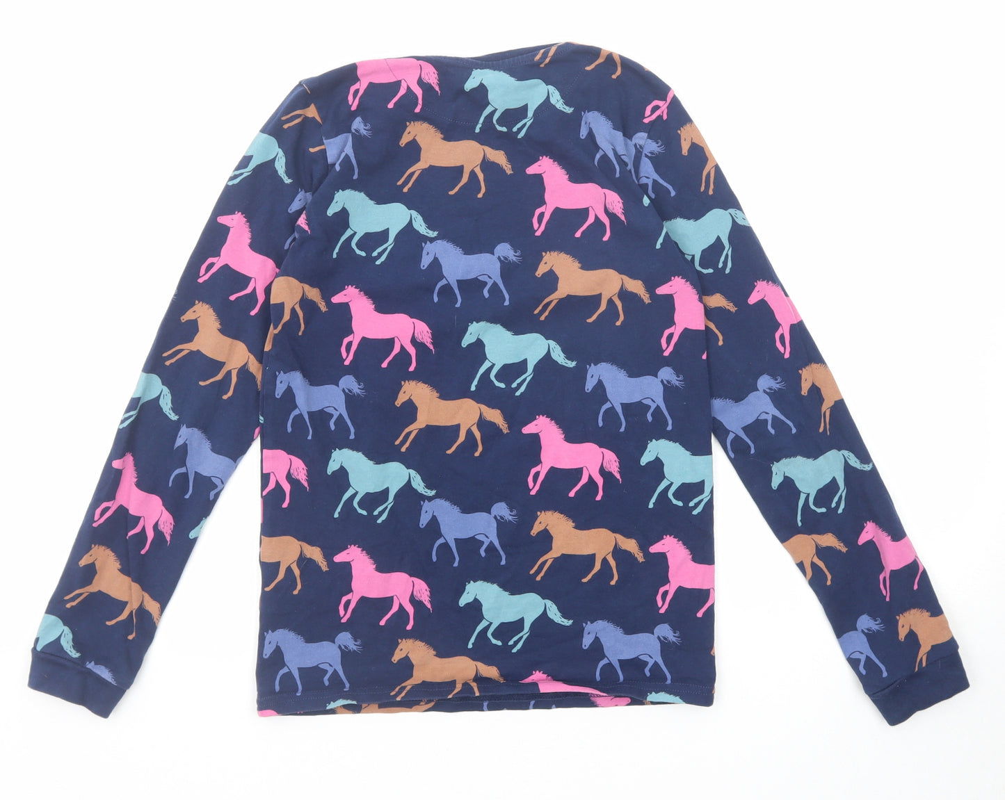 Marks and Spencer Girls Blue Geometric Cotton Basic T-Shirt Size 11-12 Years Round Neck Pullover - Horses Print