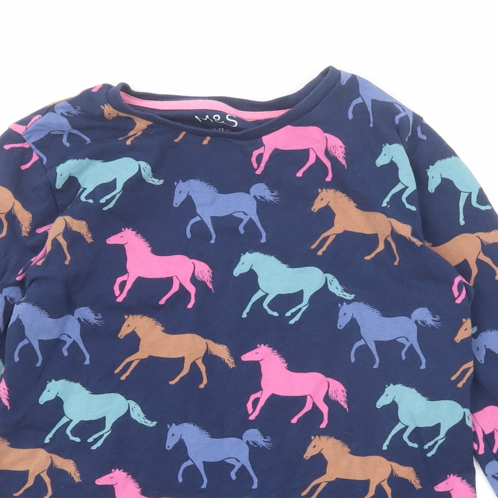Marks and Spencer Girls Blue Geometric Cotton Basic T-Shirt Size 11-12 Years Round Neck Pullover - Horses Print
