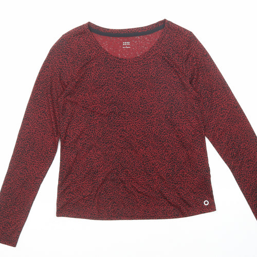 GOODMOVE Womens Red Animal Print Polyester Basic T-Shirt Size 8 Boat Neck Pullover - Leopard Print