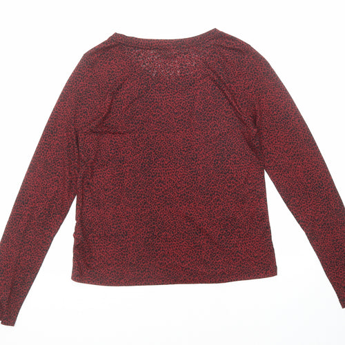 GOODMOVE Womens Red Animal Print Polyester Basic T-Shirt Size 8 Boat Neck Pullover - Leopard Print