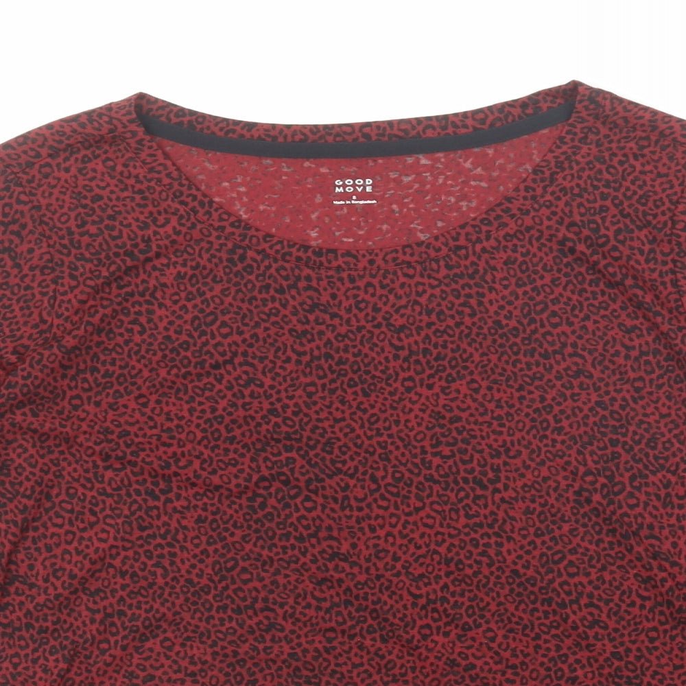 GOODMOVE Womens Red Animal Print Polyester Basic T-Shirt Size 8 Boat Neck Pullover - Leopard Print