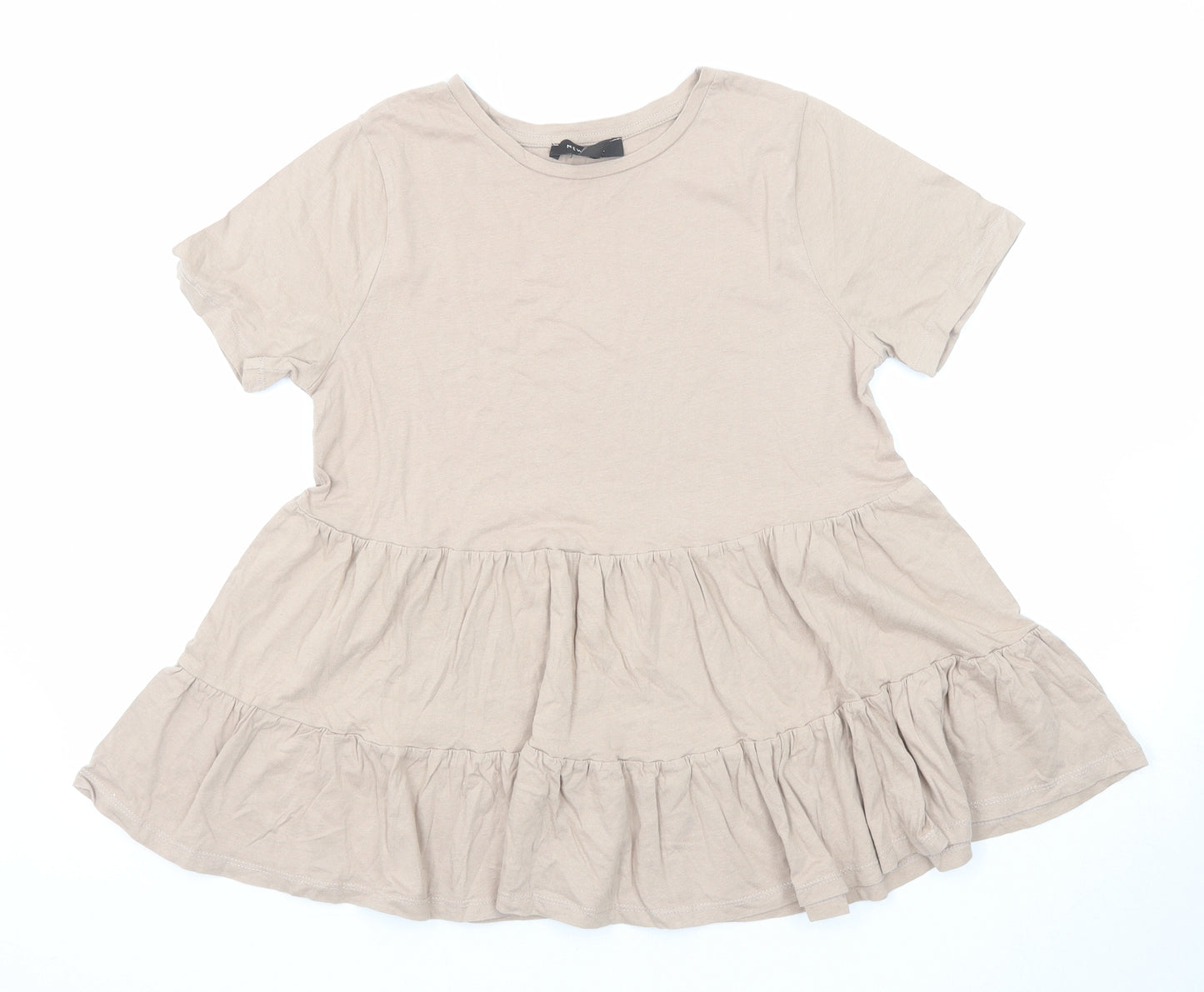 New Look Womens Beige Cotton Basic T-Shirt Size 10 Round Neck - Peplum