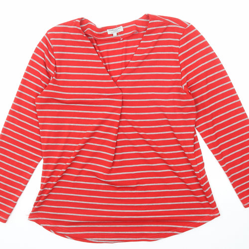 Cerulean Womens Red Striped Polyester Basic T-Shirt Size L V-Neck