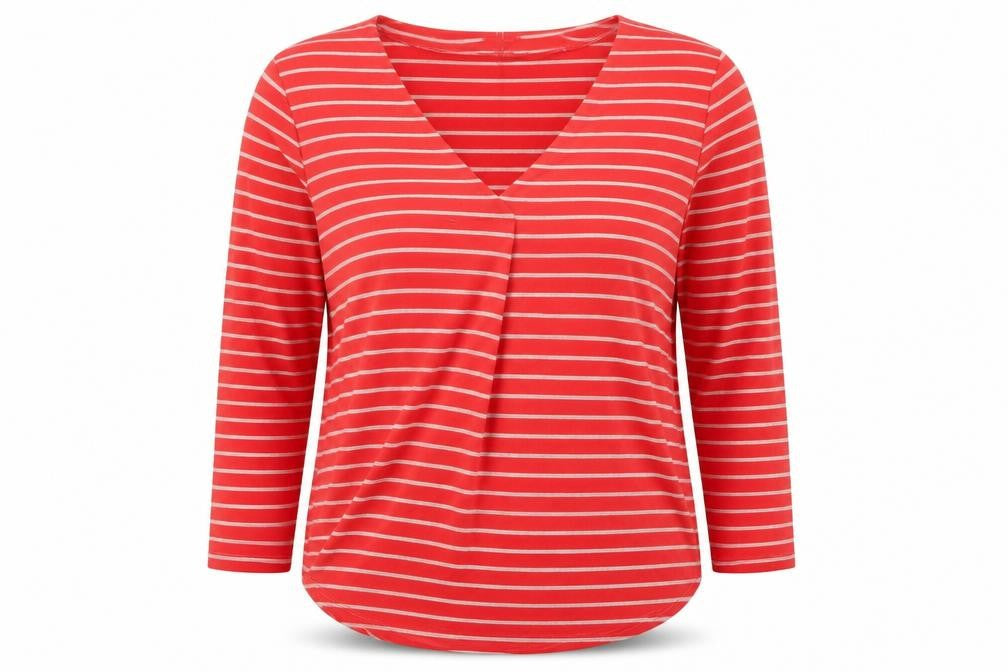 Front view of Cerulean women’s red striped polyester basic t-shirt, size L, v-neck
