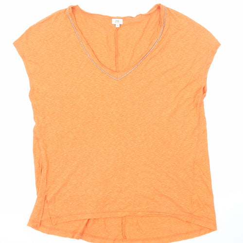River Island Womens Orange Cotton Basic T-Shirt Size 10 V-Neck - Embellished Neckline