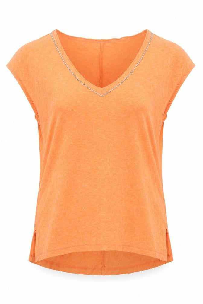 Front view of River Island women’s orange cotton basic t-shirt, size UK 10, v-neck - embellished neckline