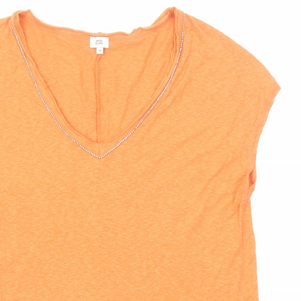 River Island Womens Orange Cotton Basic T-Shirt Size 10 V-Neck - Embellished Neckline