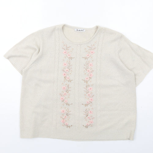 Berkertex Womens Beige Crew Neck Floral Acrylic Pullover Jumper Size 14 Pullover