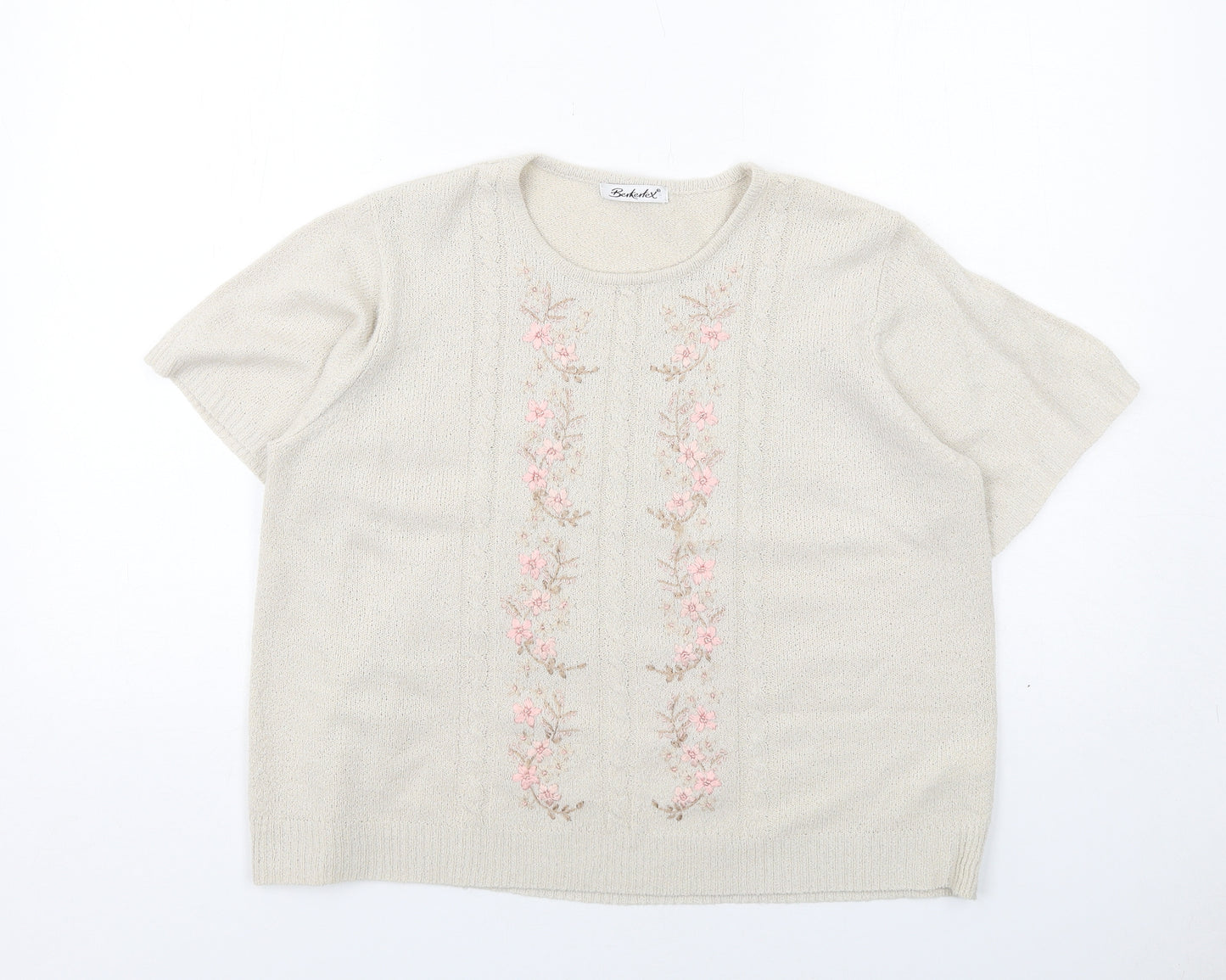 Berkertex Womens Beige Crew Neck Floral Acrylic Pullover Jumper Size 14 Pullover